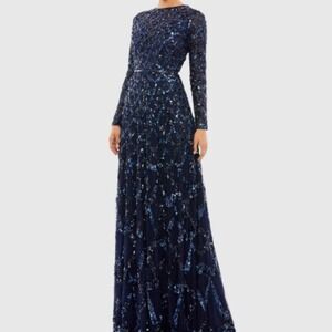 Mac Duggal Navy Embellished Illusion High Neck Long Sleeve A Line Gown Size 10